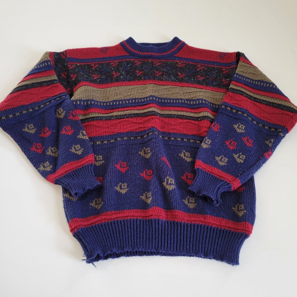 Vintage 90s Anchor Blue Grandpa Sweater Textured Blue Red Size Medium Unisex